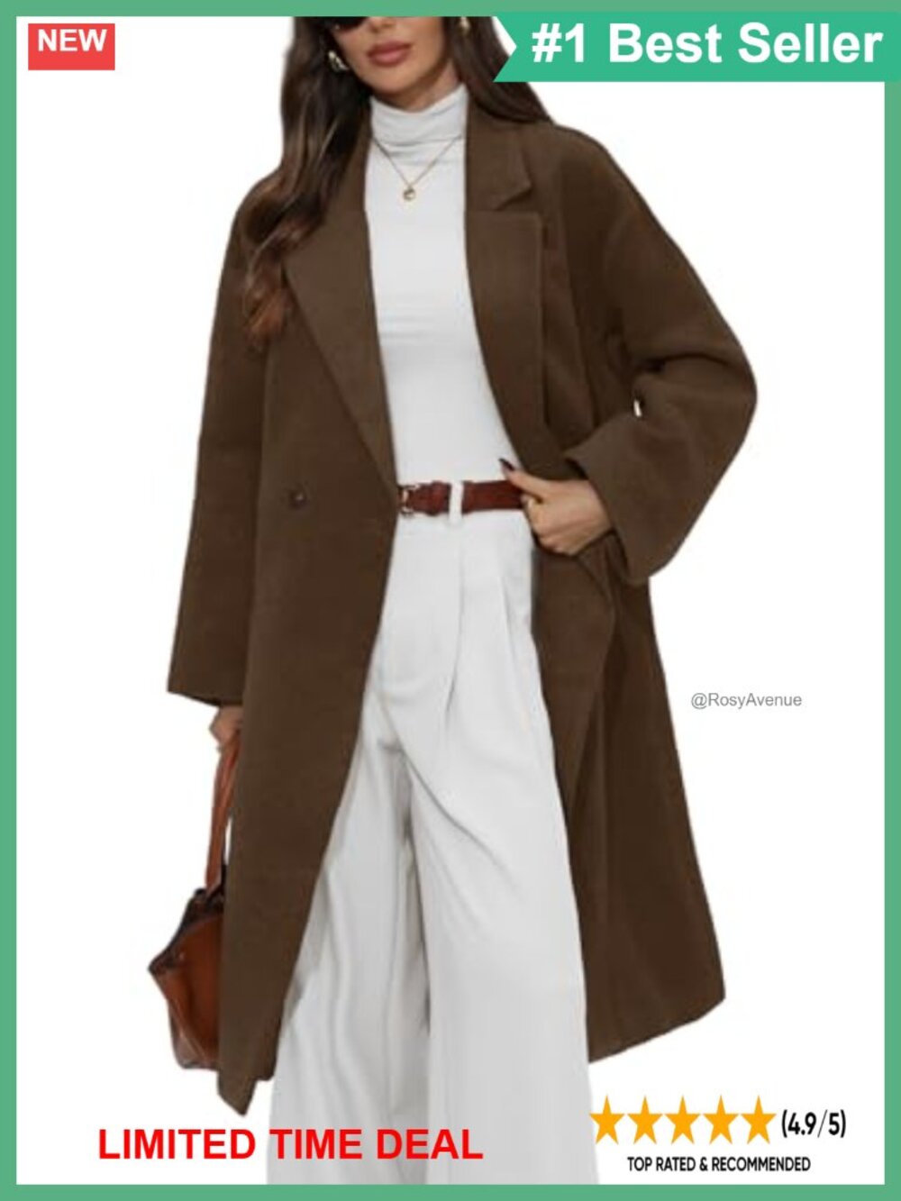 Womens Long Wool Blend Peacoat Double Breasted Notch Lapel Winter Coat
